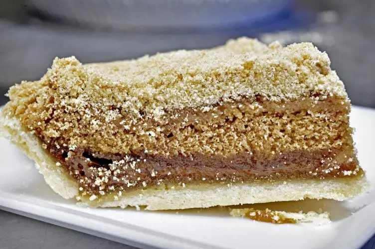 A slice of dry-bottom shoofly pie showing its more evenly baked interior
