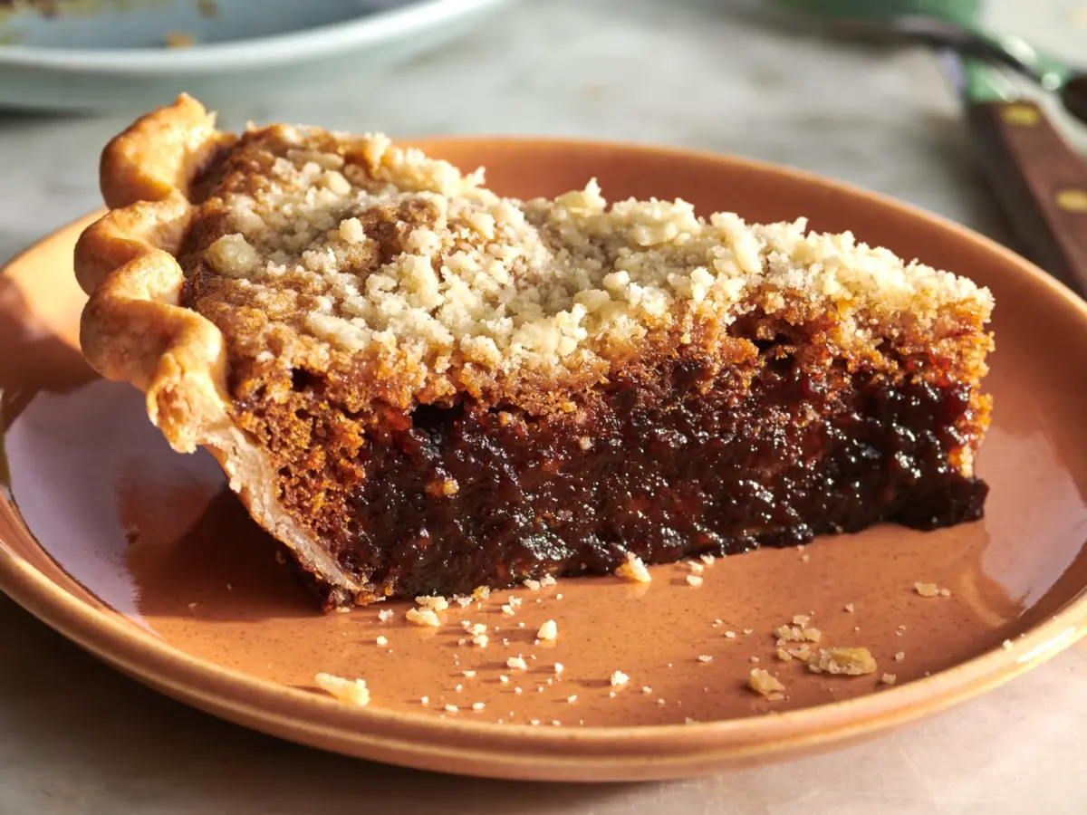 A slice of wet-bottom shoofly pie showing a glossy molasses layer beneath a crumb top